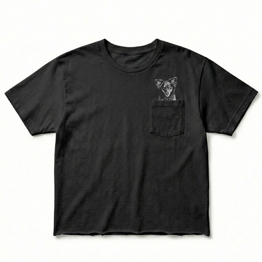 Black t-shirt with a dog graphic on the pocket against a white background