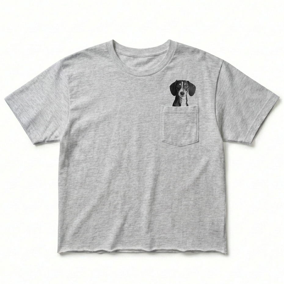Gray t-shirt with a dog graphic on a white background
