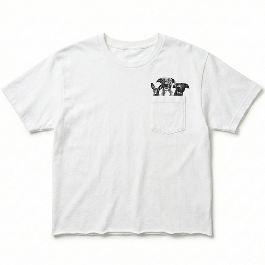 White t-shirt with a small pocket and dog graphic on a white background
