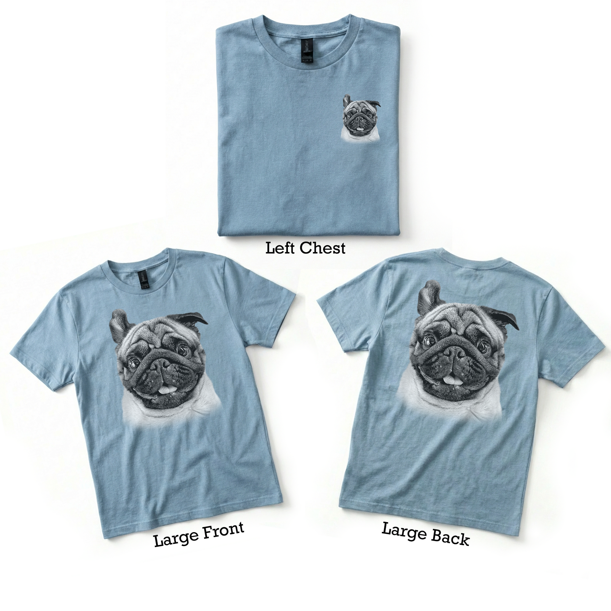 Light blue t-shirt with pug design on a white background