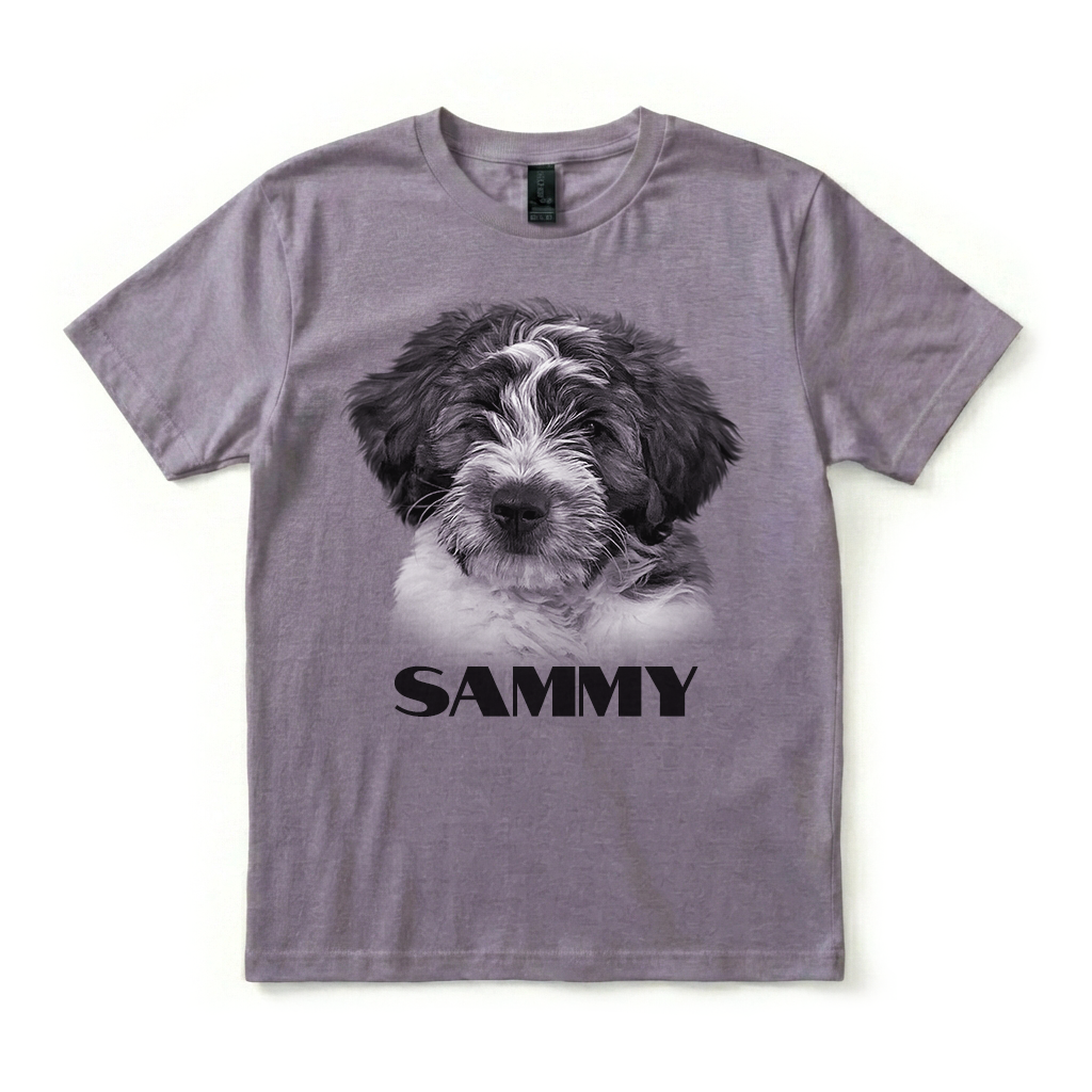 Purple t-shirt with a puppy graphic and 'SAMMY' text on a white background