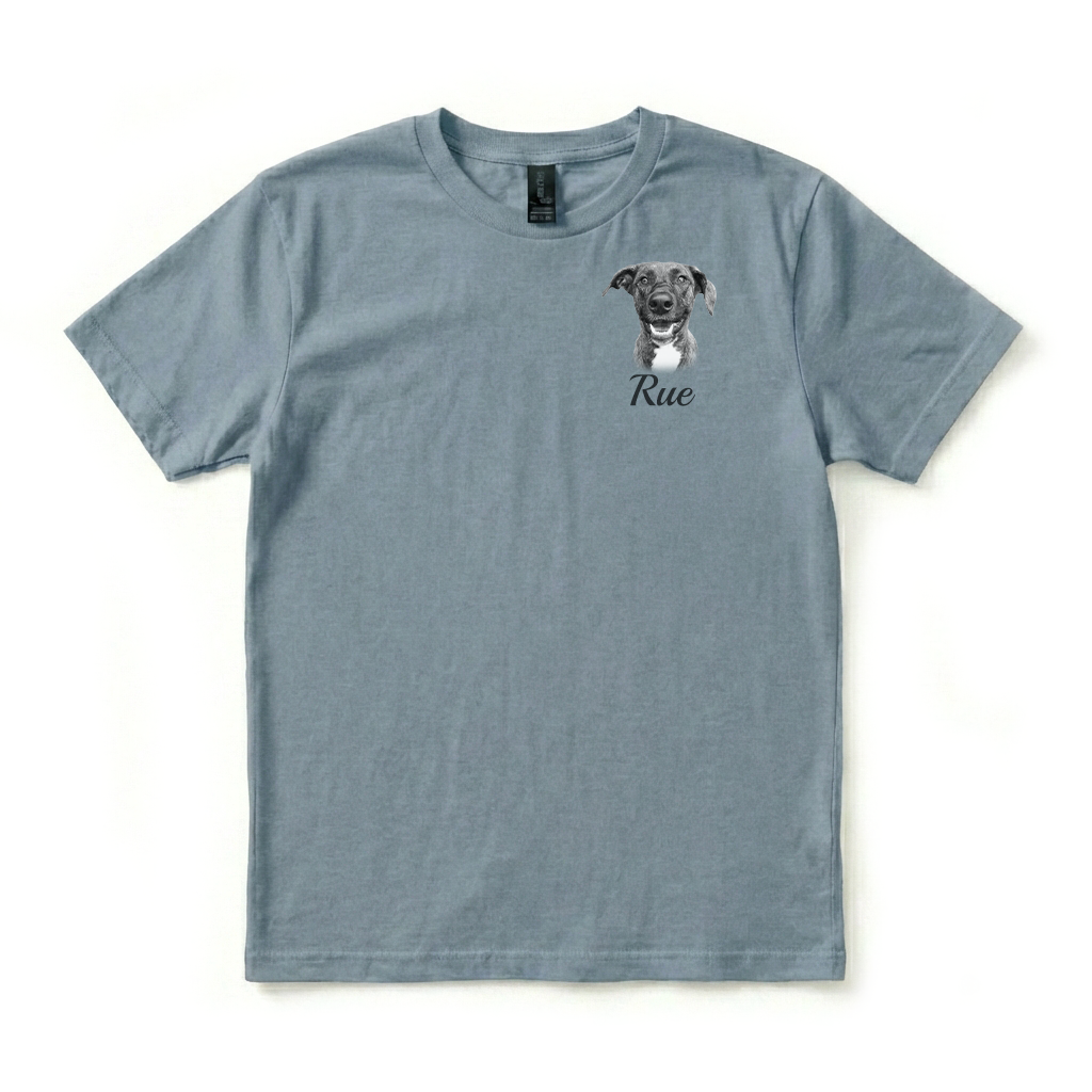 Blue t-shirt with a dog illustration and name on a white background