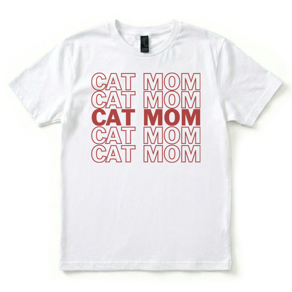 White t-shirt with red 'CAT MOM' text on a white background