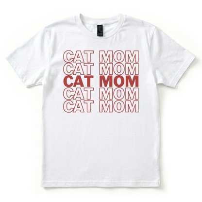 White t-shirt with red 'CAT MOM' text on a white background