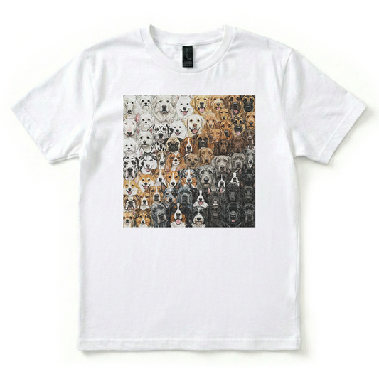 White t-shirt with a collage of dogs' faces on a white background