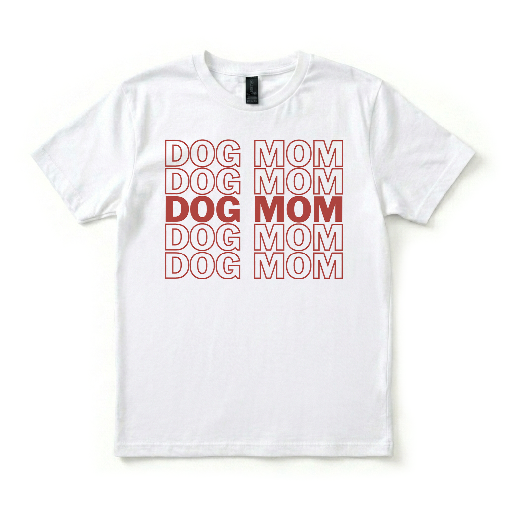 White t-shirt with red 'DOG MOM' text pattern on a white background