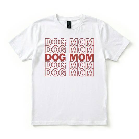 White t-shirt with red 'DOG MOM' text pattern on a white background
