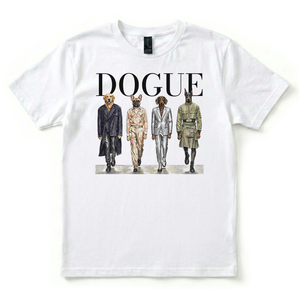 White t-shirt with graphic of four dogs in suits and 'DOGUE' text on a white background