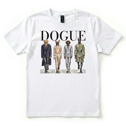 White t-shirt with graphic of four dogs in suits and 'DOGUE' text on a white background