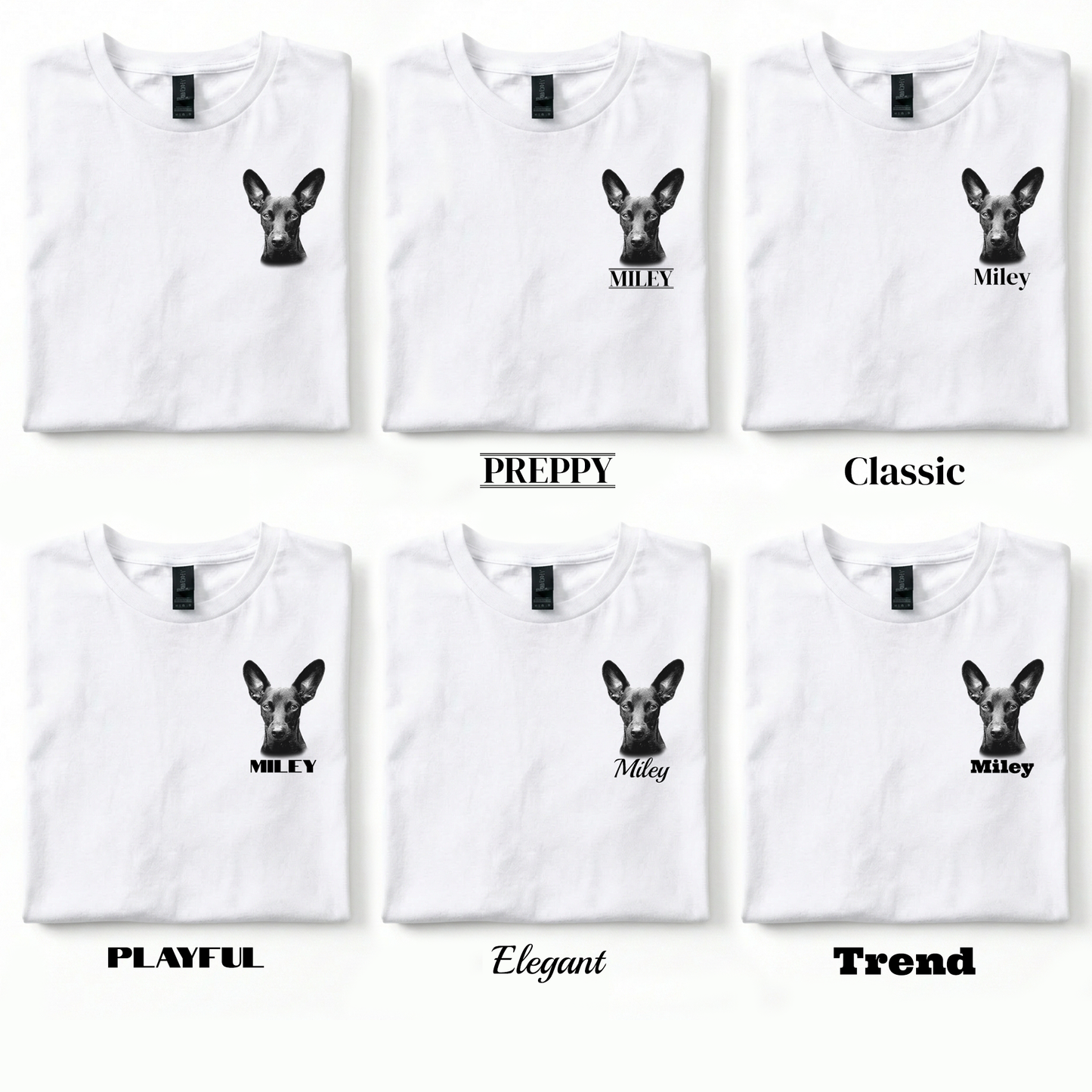 Set of white t-shirts with black dog illustrations and text on a white background