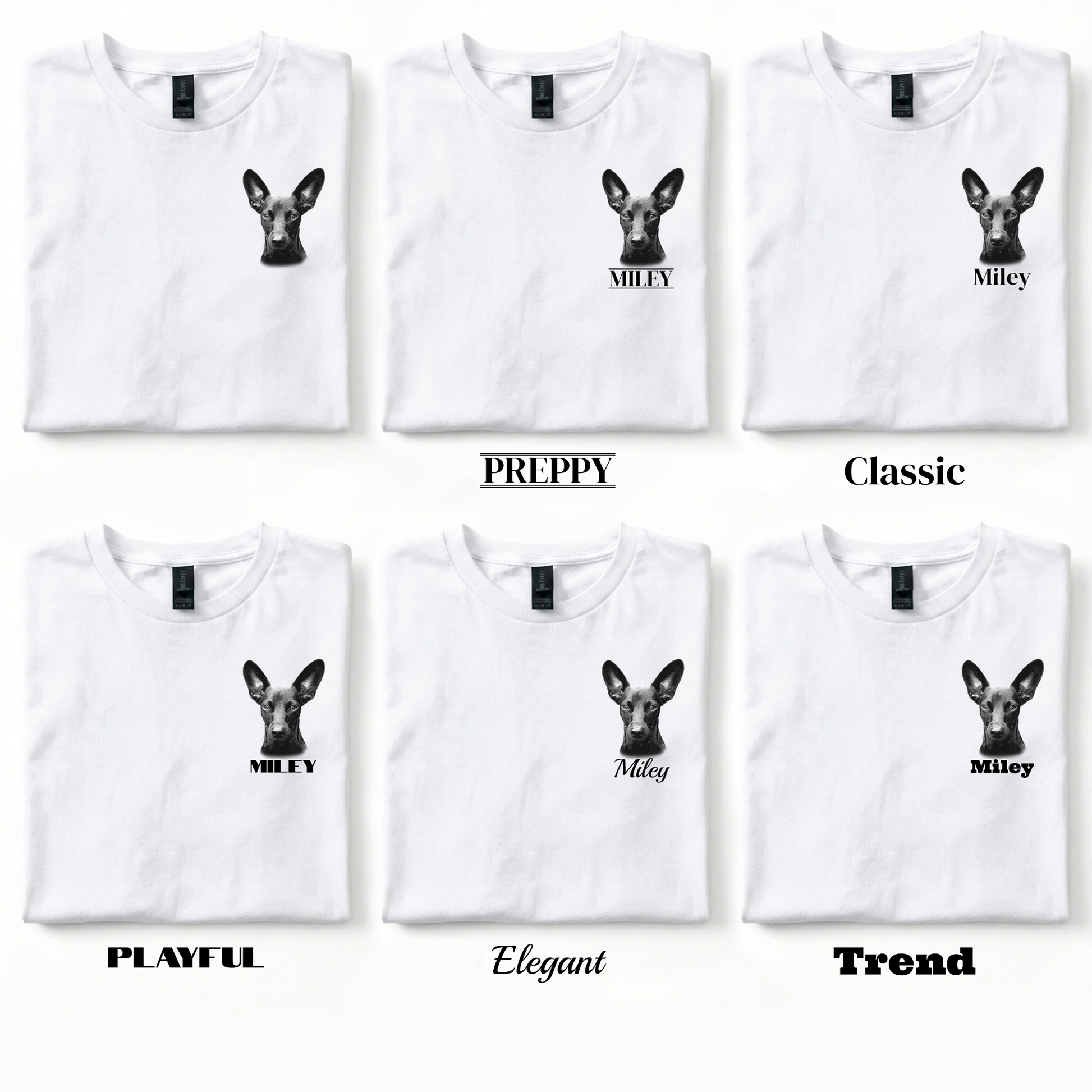 Set of white t-shirts with black dog illustrations and text on a white background