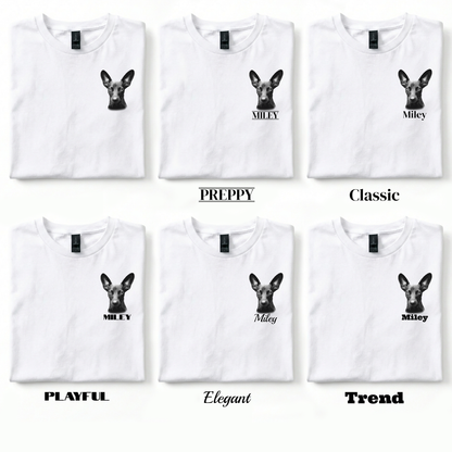 Set of white t-shirts with black dog illustrations and text on a white background