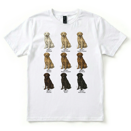 White t-shirt with images of dogs and text on a white background