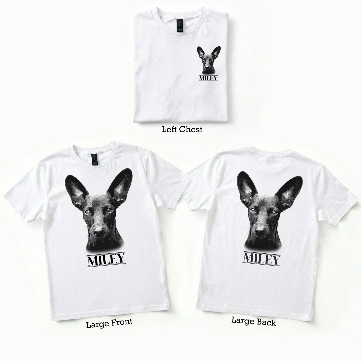 White t-shirts with a dog's face printed on them, displayed from different angles.