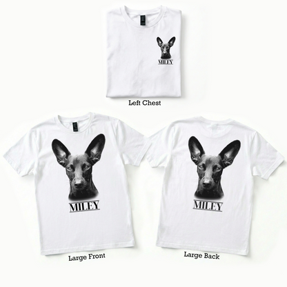 White t-shirts with a dog's face printed on them, displayed from different angles.