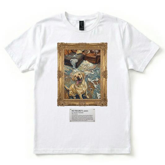 White t-shirt with a graphic of a dog in a painting frame on a white background