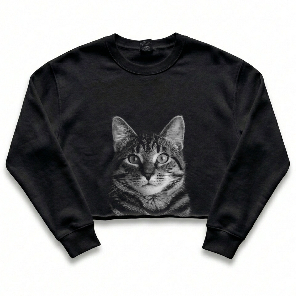 Black cropped sweatshirt with a cat graphic on a white background