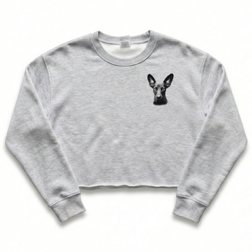 Gray cropped sweatshirt with a black dog illustration on a white background