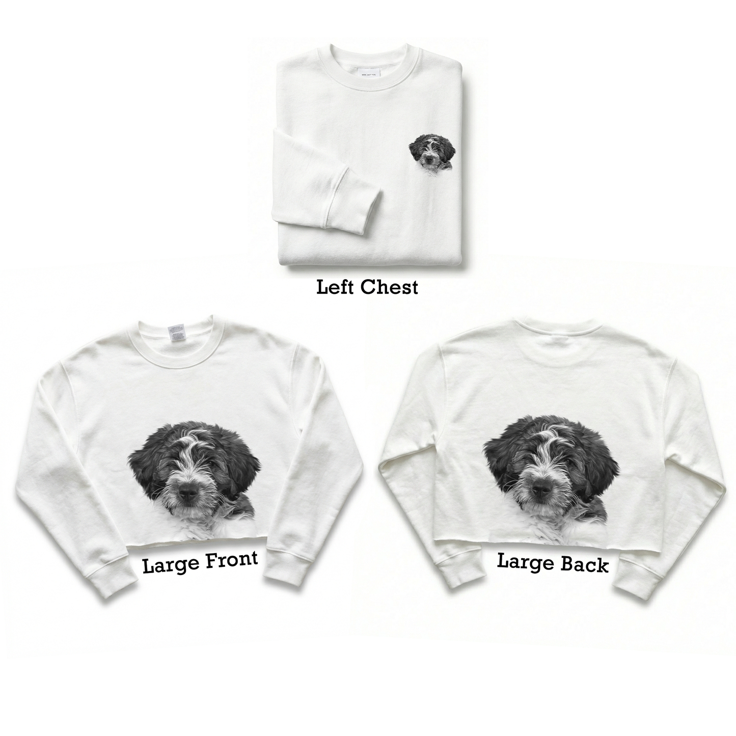 White sweatshirt with a dog print on the left chest, large front, and large back on a white background.
