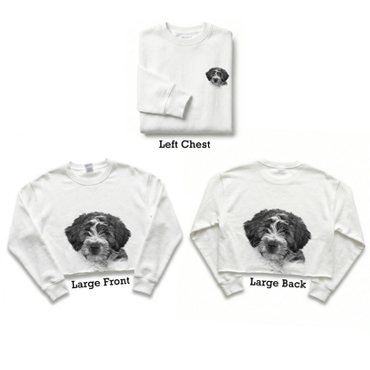 White sweatshirt with a dog print on the left chest, large front, and large back on a white background.