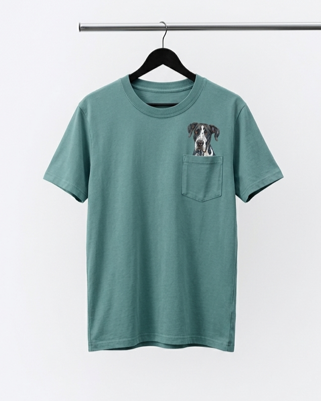 A teal green short-sleeve pocket t-shirt hanging on a black hanger against a light gray background. The shirt features a graphic print of a black and white dog's face on the left chest above the pocket.