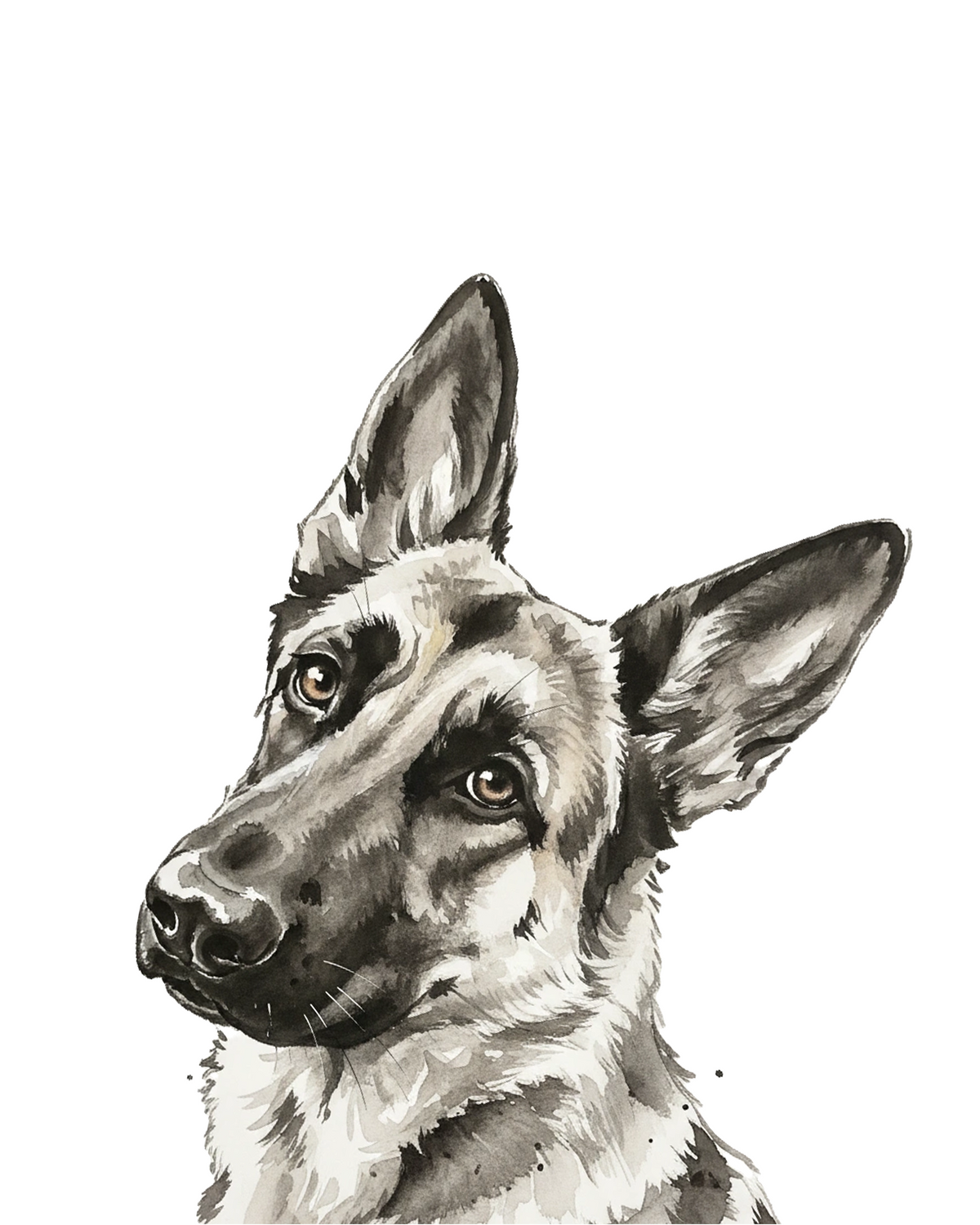German Shepherd portrait in Ink Wash