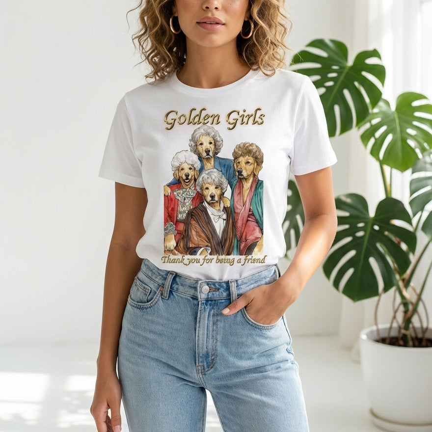 Woman wearing a 'Golden Girls' t-shirt with a plant in the background