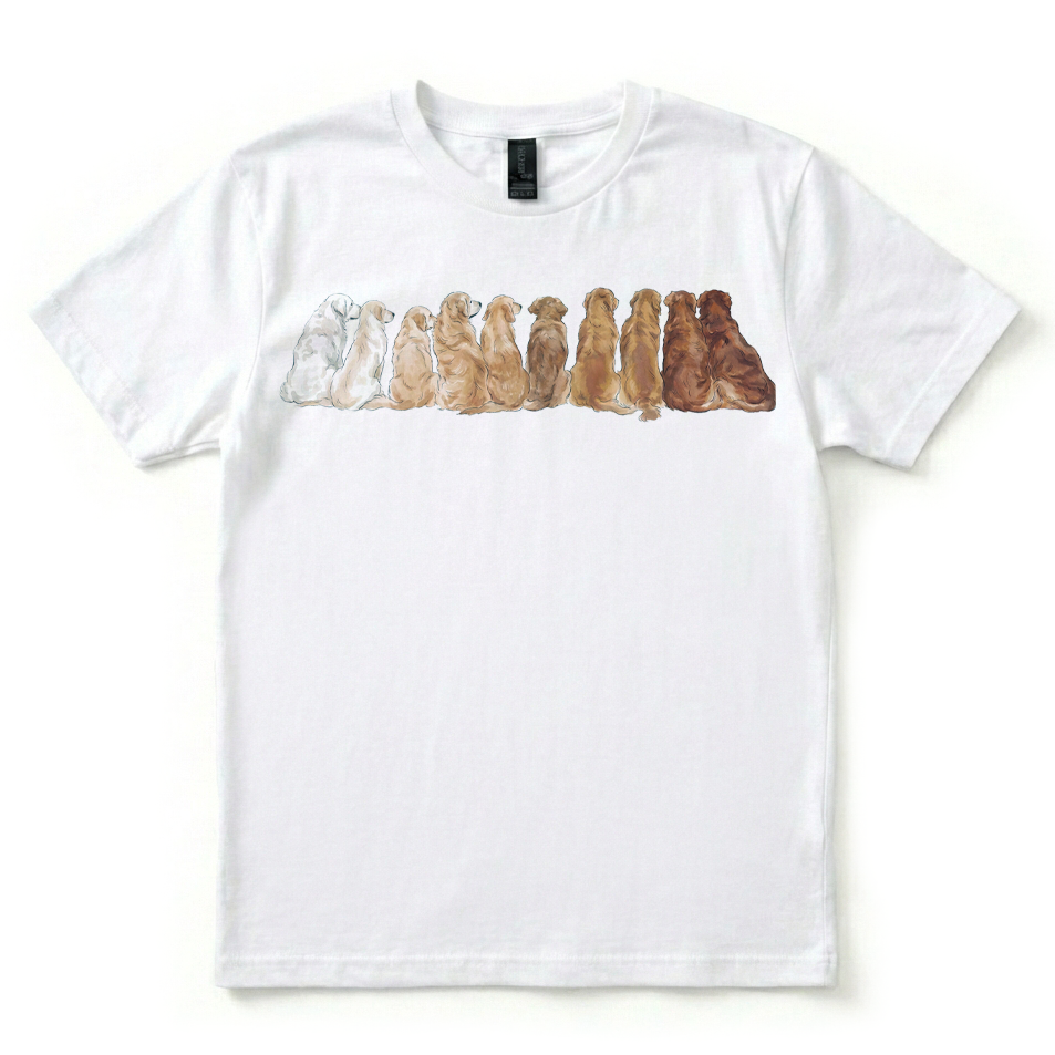 White t-shirt with a graphic of dogs in a row on a white background