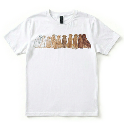 White t-shirt with a graphic of dogs in a row on a white background