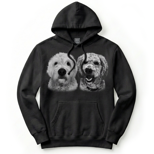 Black hoodie with two dog illustrations on a white background
