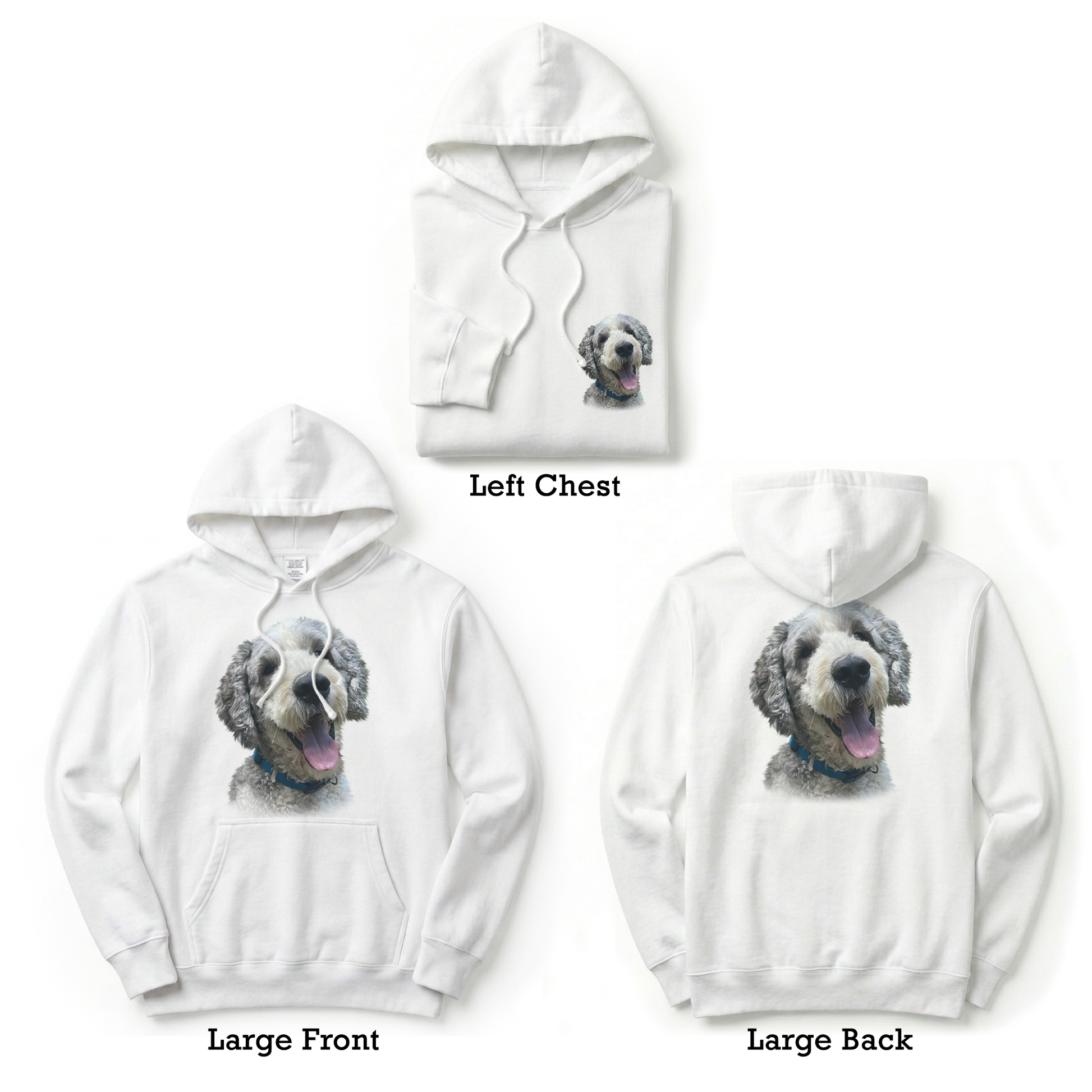 White hoodie with a dog graphic on the left chest, large front, and large back on a white background.