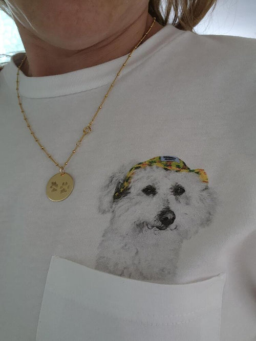 Memorial pet portrait on white pocket tee