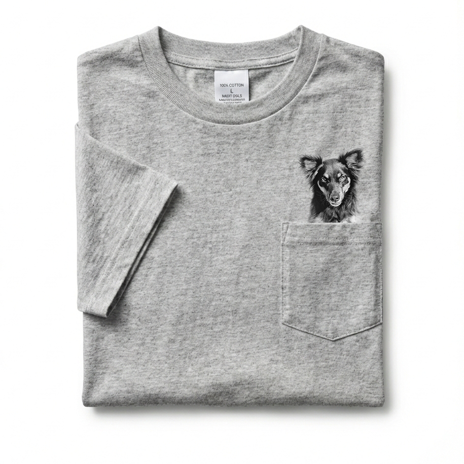 Folded gray t-shirt with a dog's face embroidered on the pocket against a white background