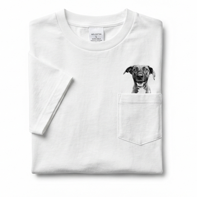 White t-shirt with a dog illustration on the chest pocket against a white background