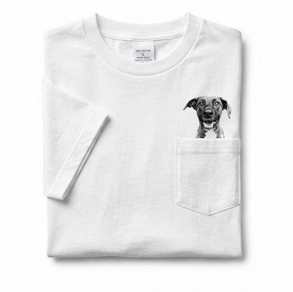 White t-shirt with a dog illustration on the chest pocket against a white background