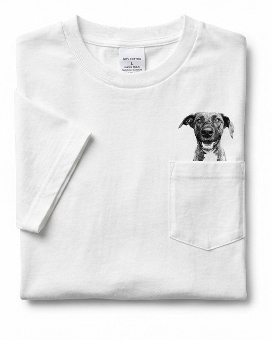 White pocket tee with a dog portrait peeking out of the pocket