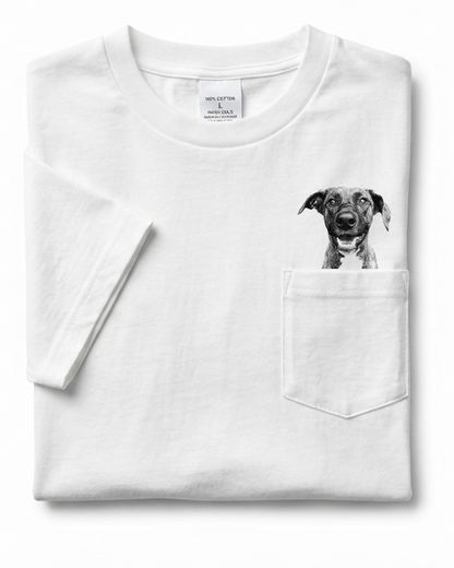 White pocket tee with a dog portrait peeking out of the pocket