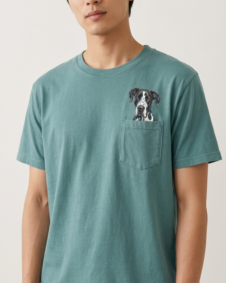 A man wearing a muted teal crewneck t-shirt with a chest pocket featuring a printed graphic of a black and white dog's face.