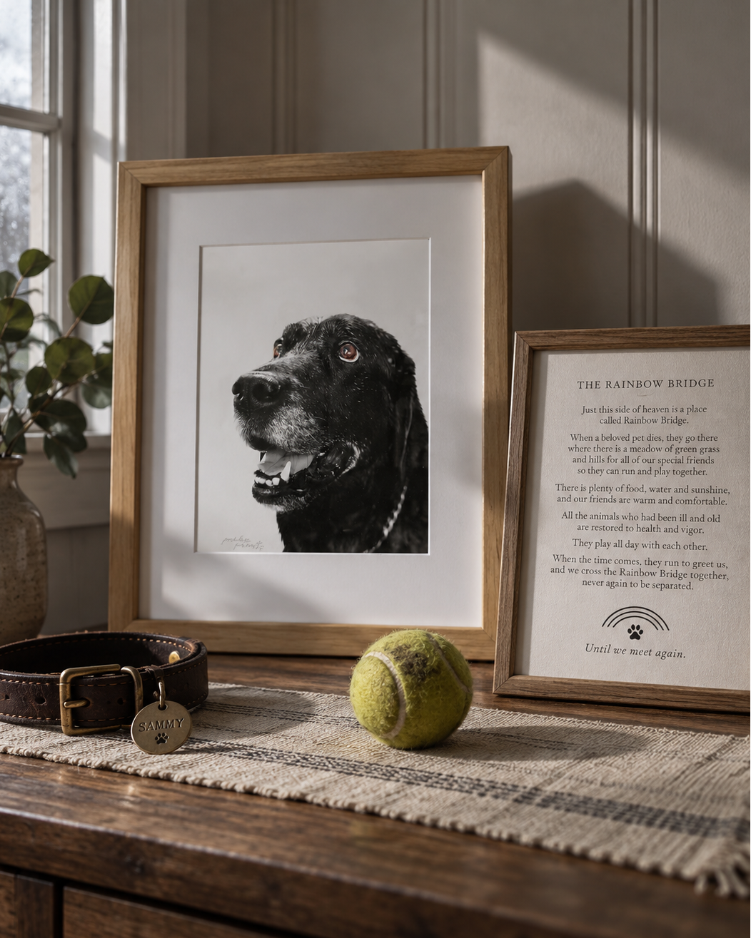 A framed black-and-white portrait of a dog in a light wood frame sits on a rustic wooden table beside a leather collar, a tennis ball, and another framed print with a poem titled "The Rainbow Bridge.".