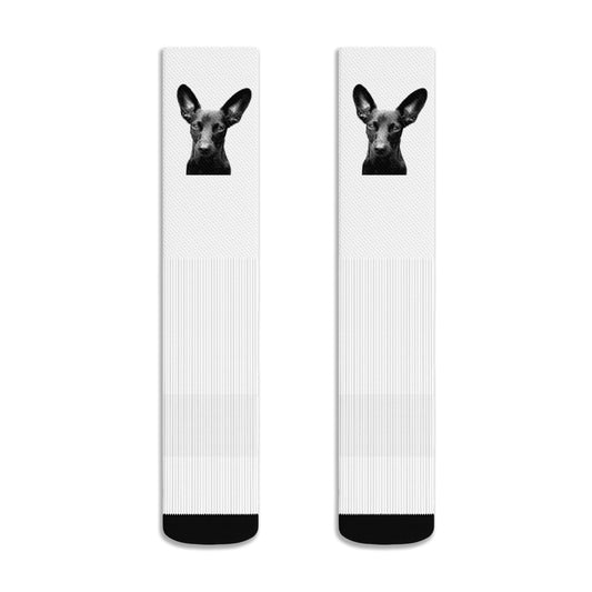Two socks with a dog's face design on a white background