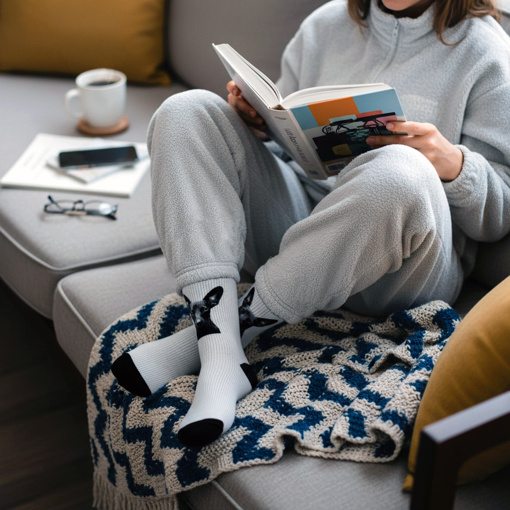 Person sitting on a couch with a book, wearing cozy socks and a blanket