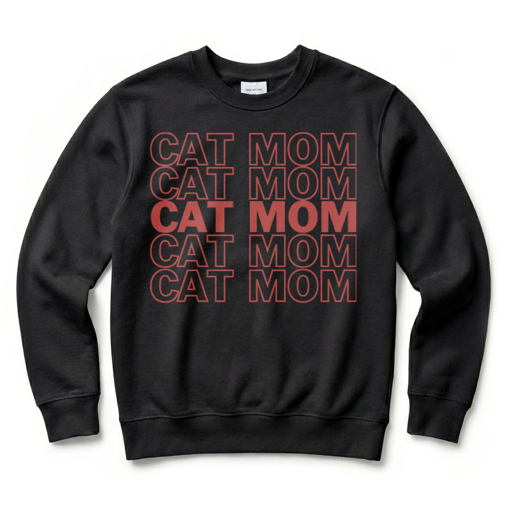 Black sweatshirt with 'CAT MOM' text in red on a white background