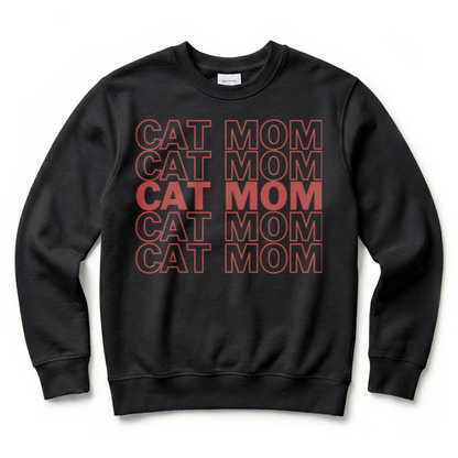 Black sweatshirt with 'CAT MOM' text in red on a white background