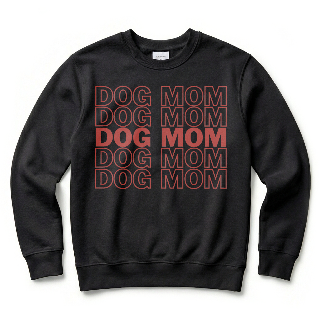 Black sweatshirt with red text 'DOG MOM' on a white background