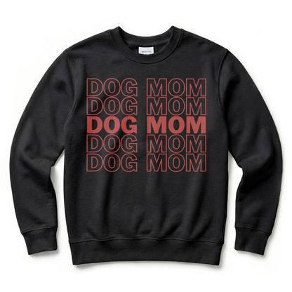 Black sweatshirt with red text 'DOG MOM' on a white background