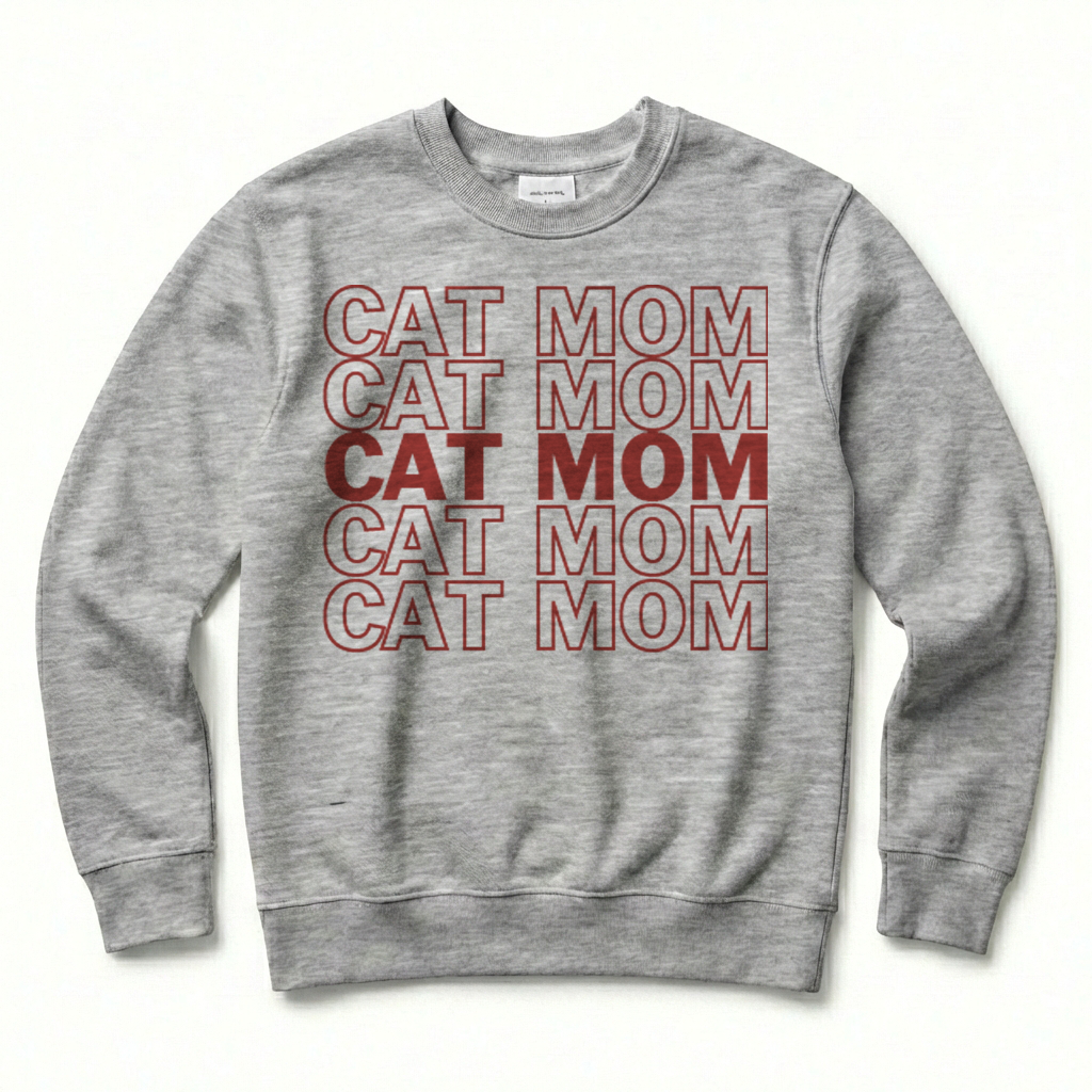 Gray sweatshirt with 'CAT MOM' text printed in red on a white background