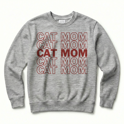 Gray sweatshirt with 'CAT MOM' text printed in red on a white background