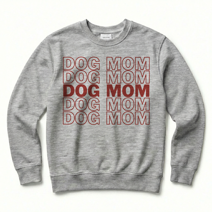 Gray sweatshirt with 'DOG MOM' text in red on a white background