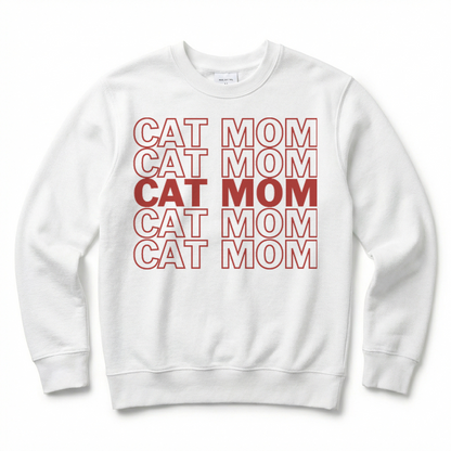 White sweatshirt with red 'CAT MOM' text on a white background