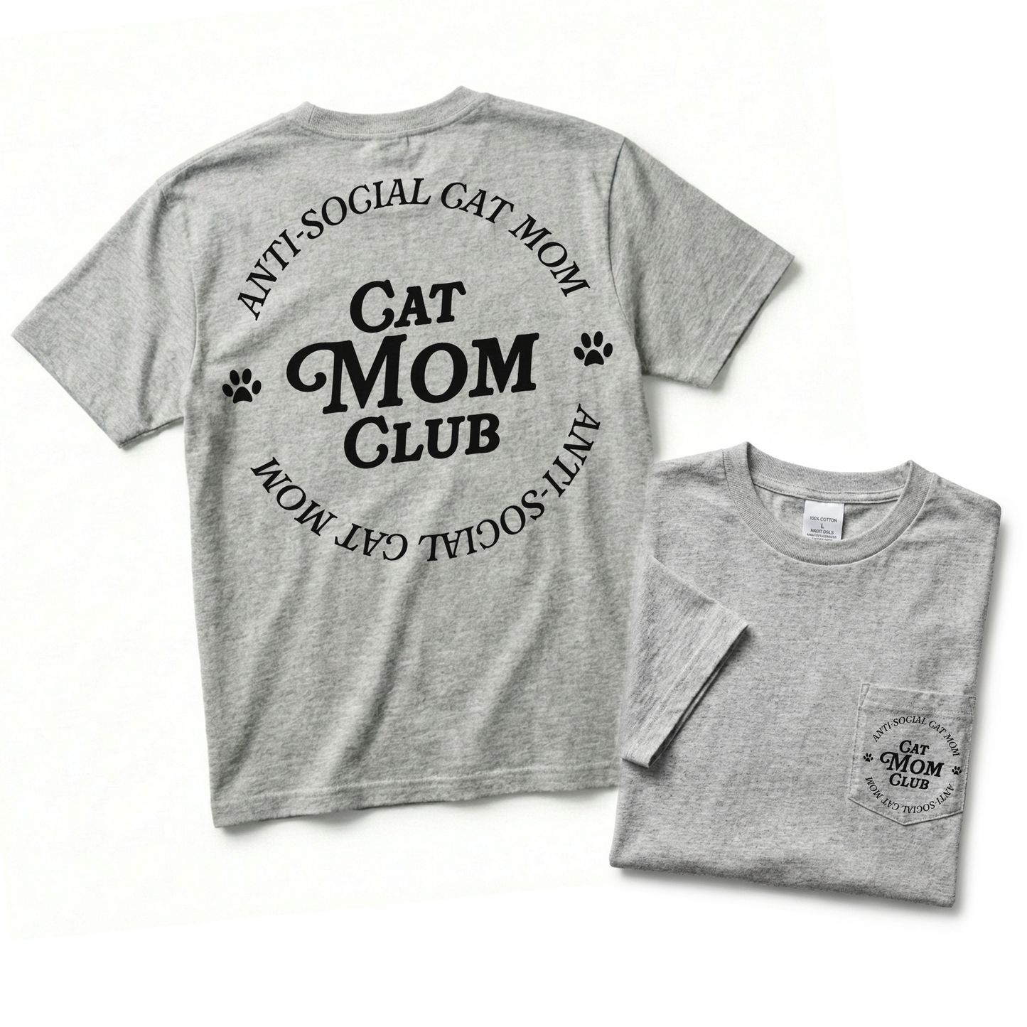 Gray t-shirt with 'Cat Mom Club' text on a white background
